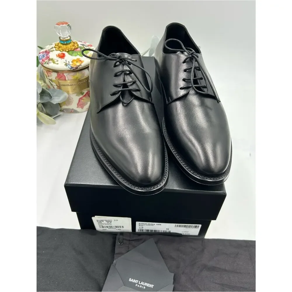 Men's Saint Laurent ADRIEN Derby shoes in Black glazed Leather size 44 Italy